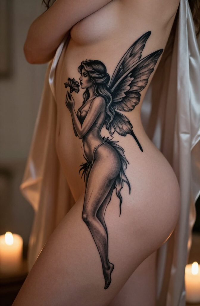 Sensual fairy tattoo showcasing a figure with large wings and a direct gaze.