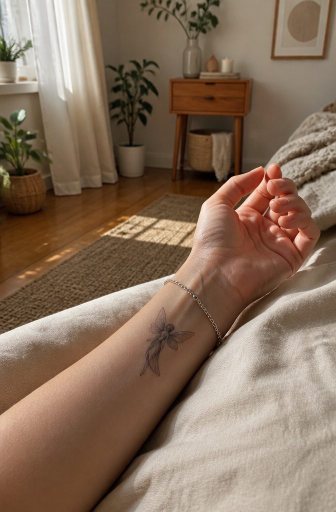 Guardian Angel Fairy Tattoos: 7 Styles From Gothic to Fallen 10 Tattoo on wrist displaying a guardian angel fairy design.