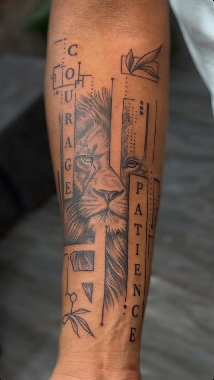 Have Courage and Be Kind Tattoo: 6 Designs Worth Committing To 2 A detailed black and grey lion head tattoo with geometric lines and the words courage and patience.