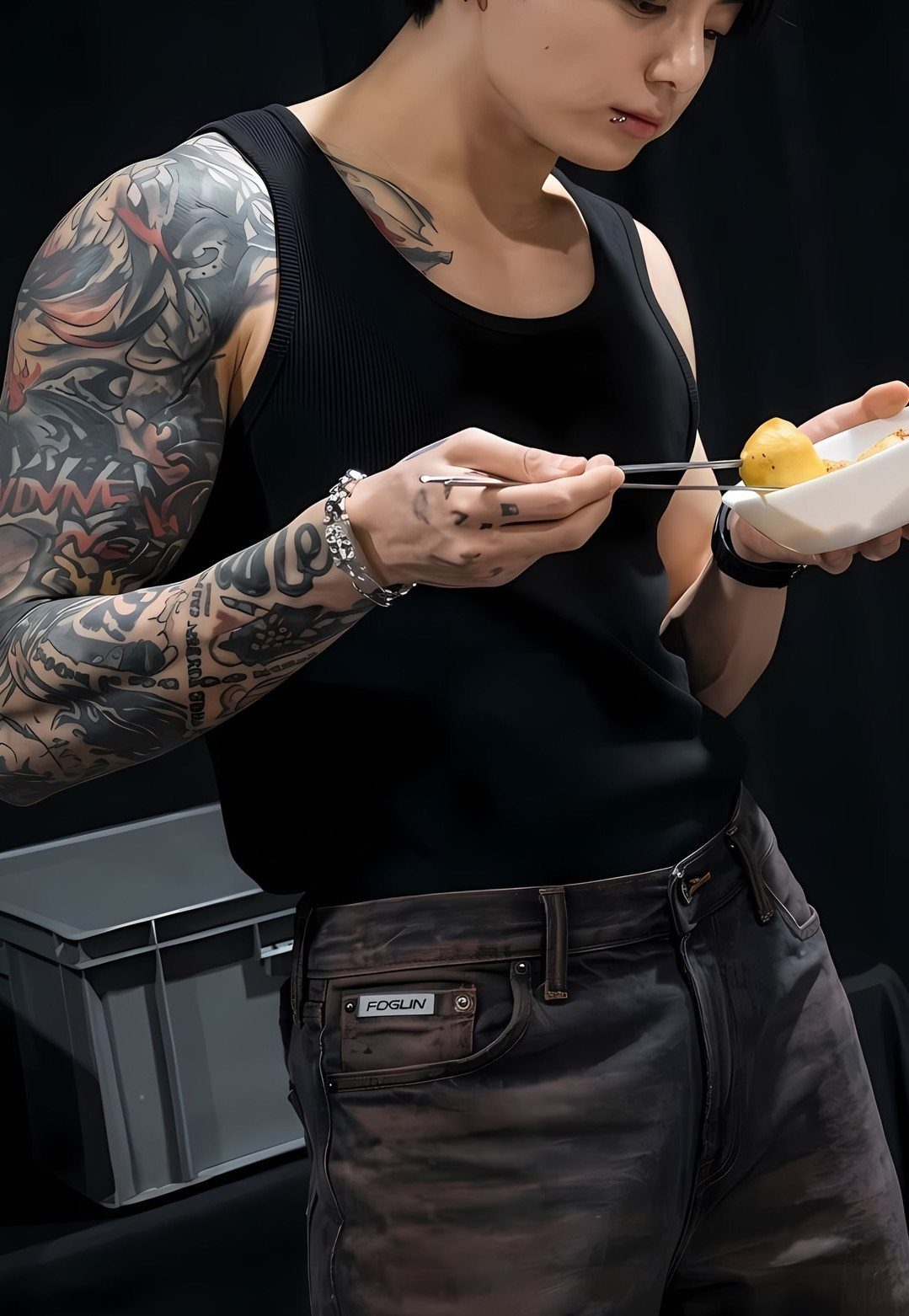 Jungkook Tattoo: 3 Design Ideas From Hands to Full Sleeve 3 A person with a detailed black ink sleeve tattoo eating food from a white bowl.