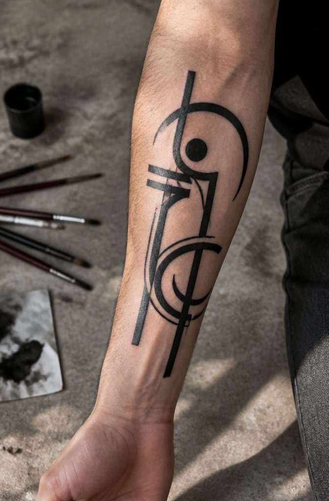 A bold line art tattoo with thick lines on an arm.