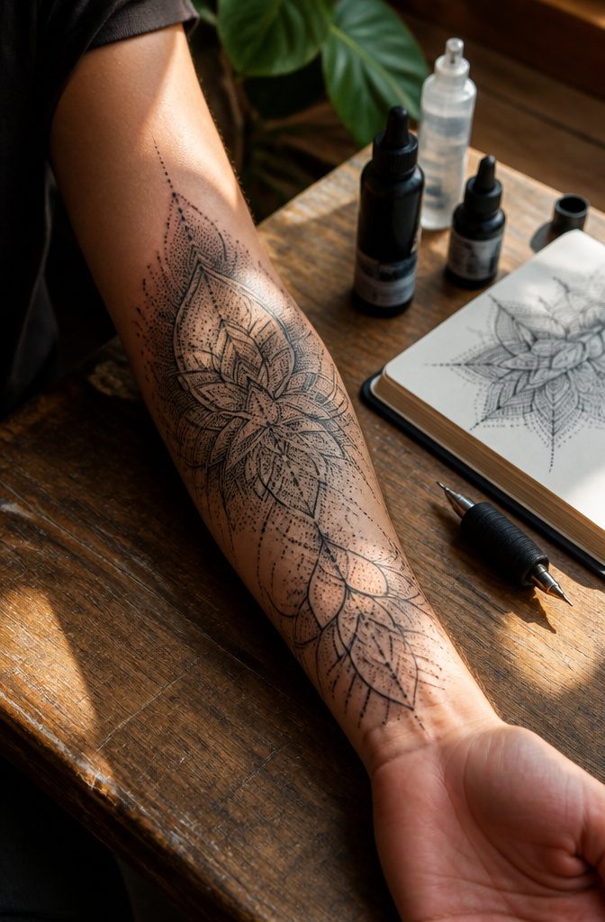 Close-up of a dotwork and stipple tattoo on a forearm.
