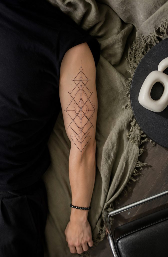 A geometric line art tattoo with symmetrical designs on skin.