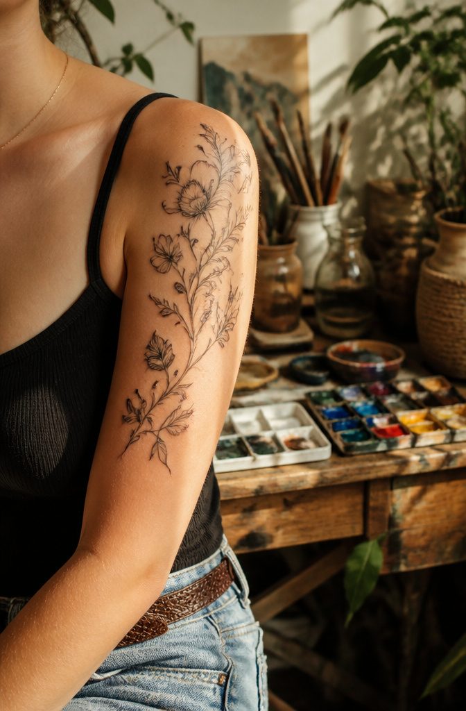 An illustrative floral tattoo positioned on a model's shoulder.