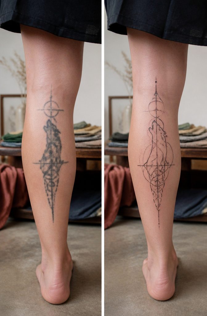 A linework tattoo showing negative space designs.