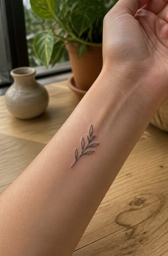 Close-up of a minimalist leaf stem tattoo on a wrist.