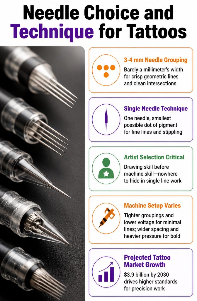 An image showing tattoo needles and techniques for line work.