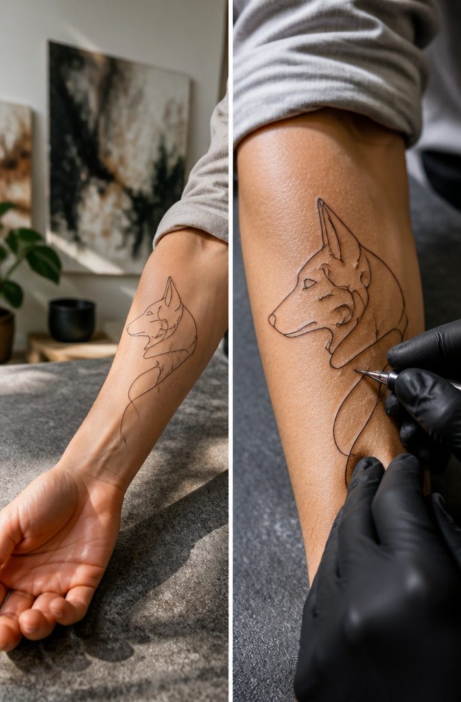 A continuous line tattoo depicting an abstract design.