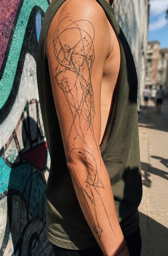 A sketch line art tattoo on a model's upper arm.