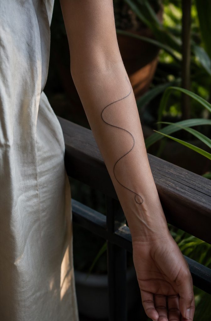 An abstract single line tattoo on a forearm.