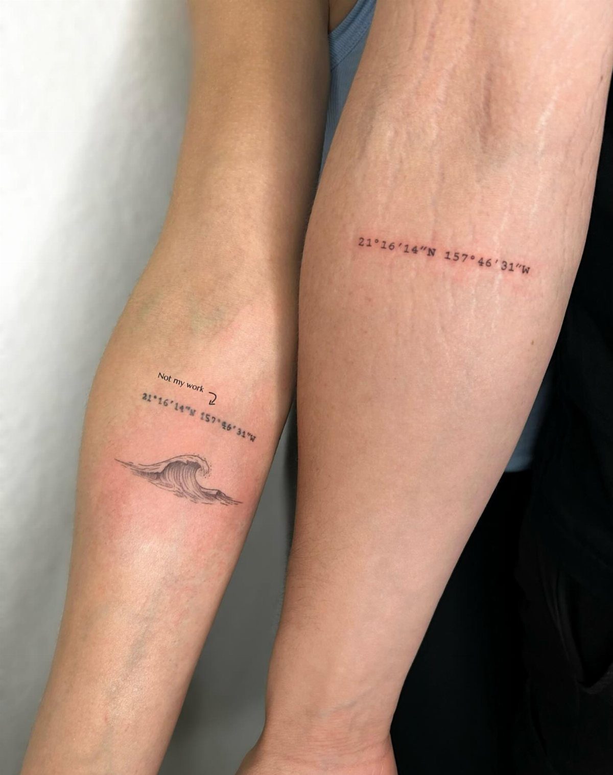 9 Minimalist Couple Tattoo Ideas Unique and Subtle for Lasting Ink 7 Two arms displaying minimalist tattoos including a small wave and red and black coordinate numbers.