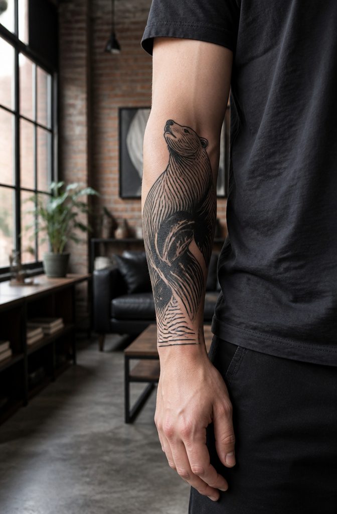 16 Polar Bear Tattoo Ideas for Every Style 11 Blackwork polar bear tattoo on a forearm.