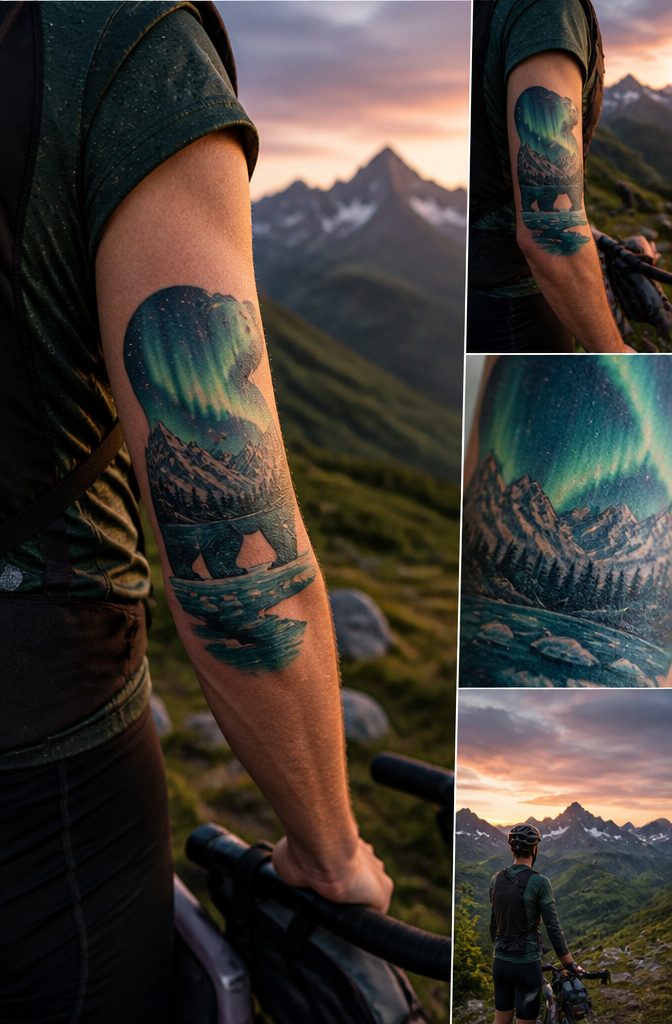 16 Polar Bear Tattoo Ideas for Every Style 14 Double exposure polar bear tattoo blending with northern lights.