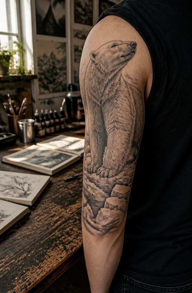 16 Polar Bear Tattoo Ideas for Every Style 19 Polar bear tattoo featuring intricate black linework.