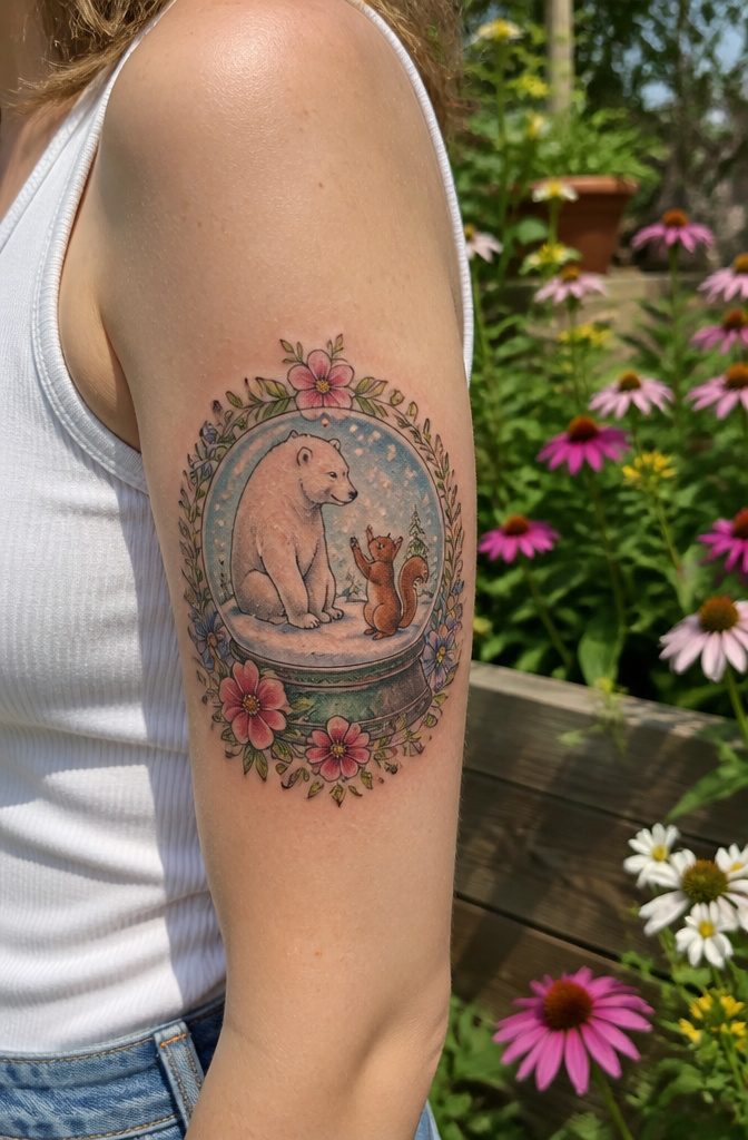 16 Polar Bear Tattoo Ideas for Every Style 16 Polar bear and squirrel tattoo inside a snow globe.
