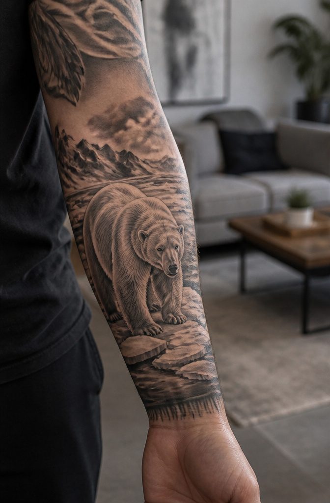 16 Polar Bear Tattoo Ideas for Every Style 1 Realistic polar bear tattoo on a forearm.