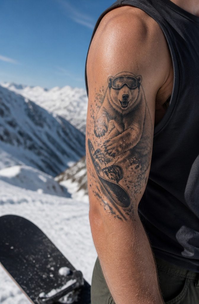 16 Polar Bear Tattoo Ideas for Every Style 15 Snowboarder polar bear tattoo on an upper arm.