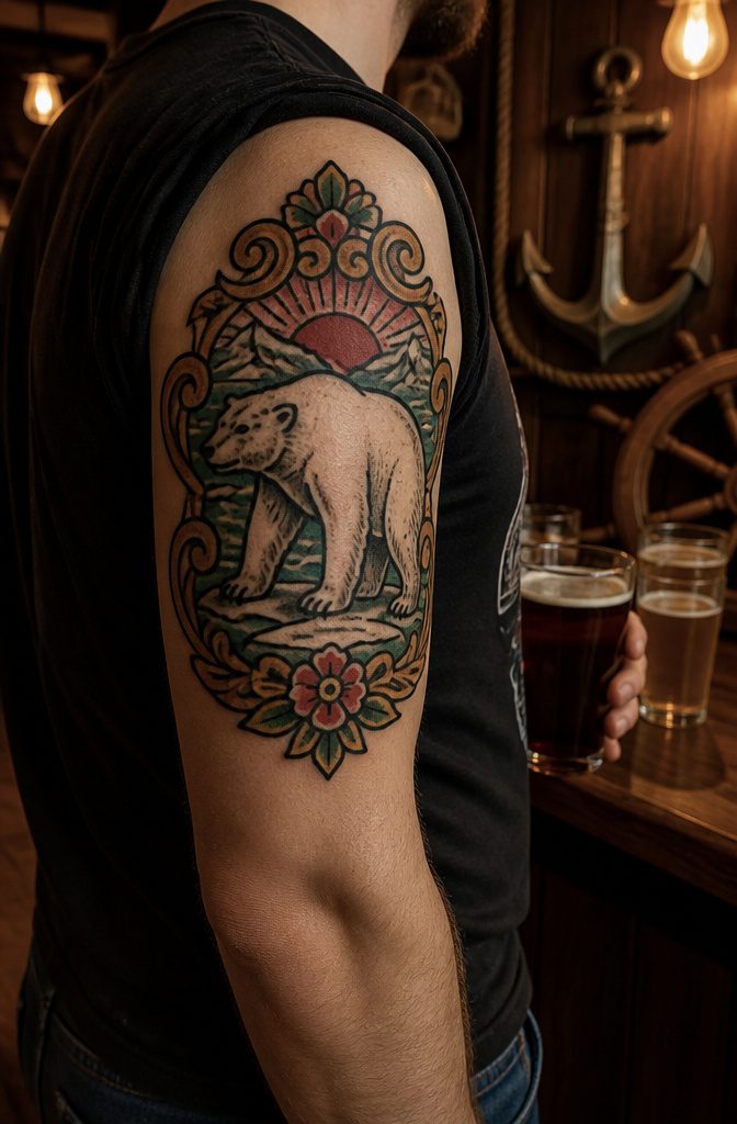 16 Polar Bear Tattoo Ideas for Every Style 3 Traditional polar bear tattoo on an upper arm.