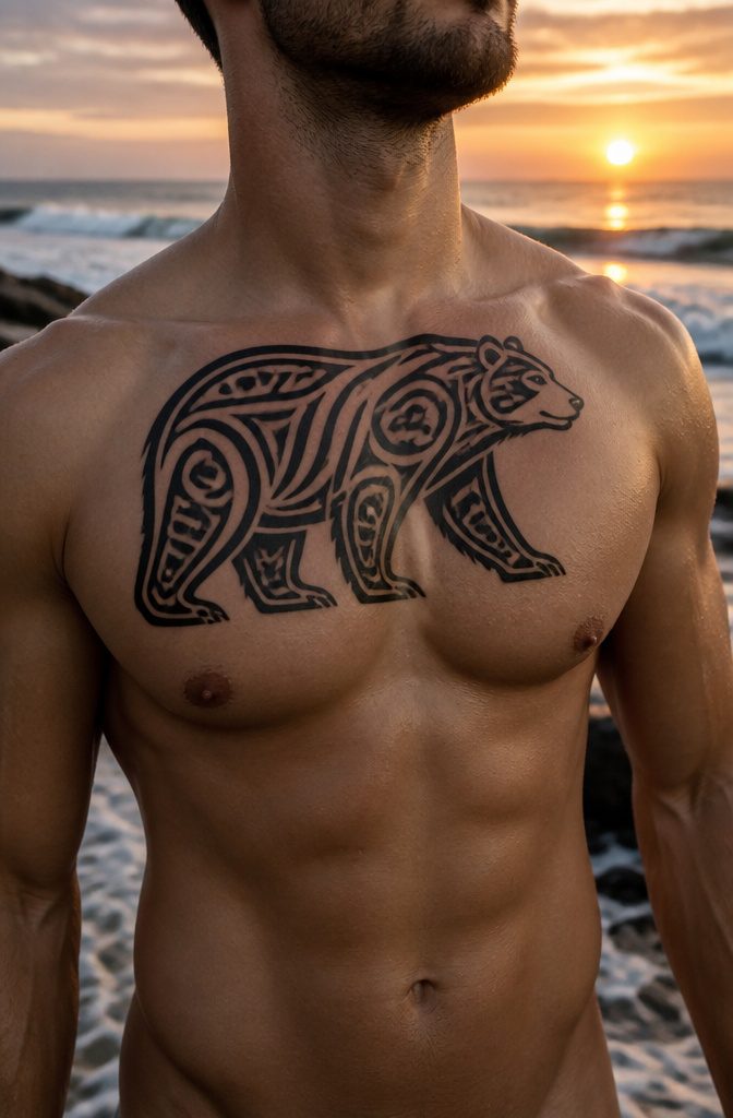 16 Polar Bear Tattoo Ideas for Every Style 5 Tribal polar bear tattoo across an upper chest.