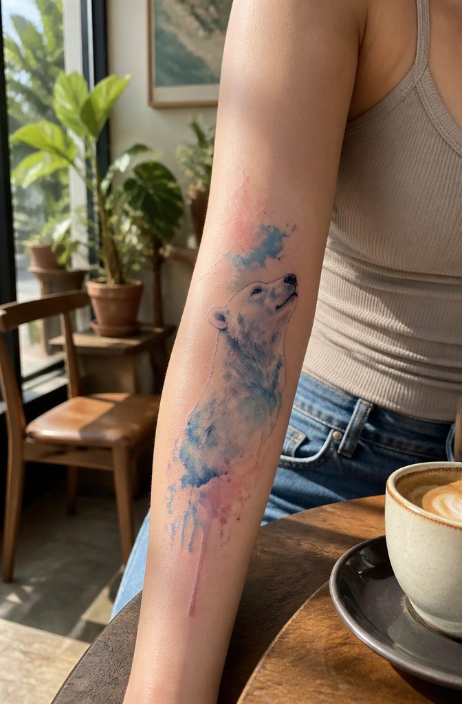 16 Polar Bear Tattoo Ideas for Every Style 9 Watercolor polar bear tattoo on a forearm.