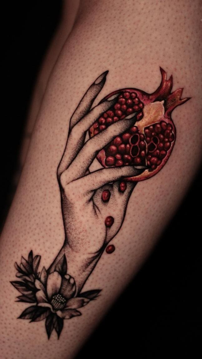 Pomegranate Tattoo Ideas: 11 Designs from Myth to Botanical 7 A black and grey tattoo of a hand holding a red pomegranate on a person's skin.