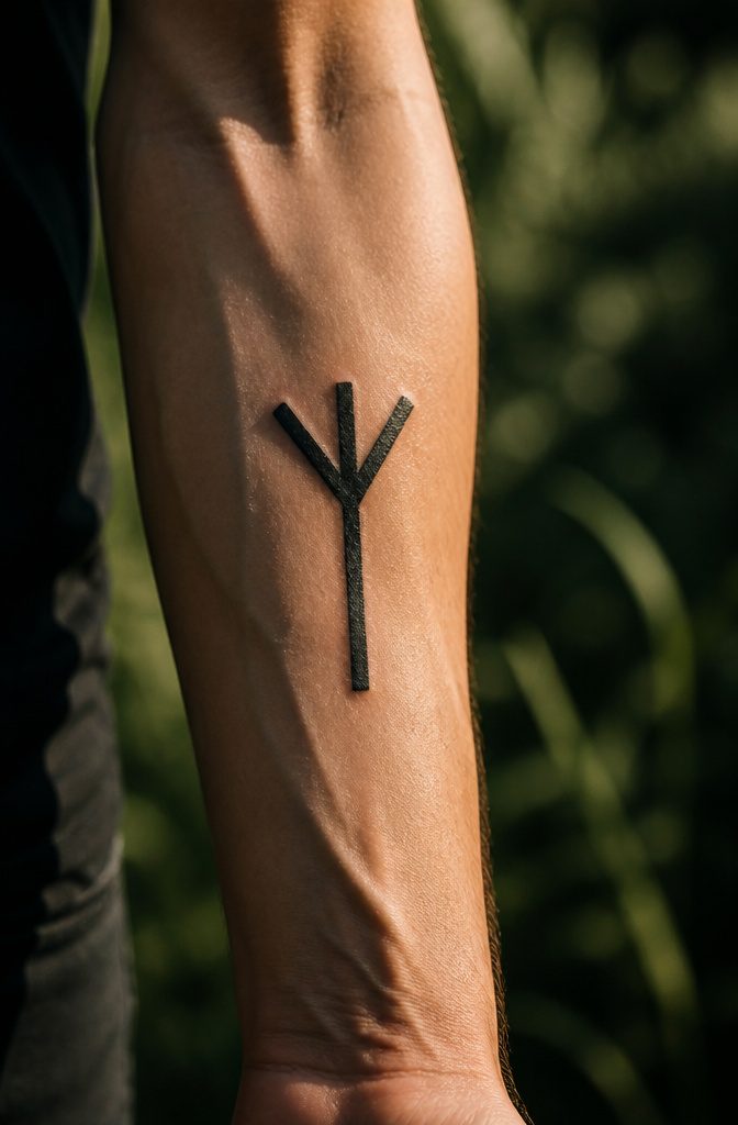 The Algiz rune depicted in a tattoo design.