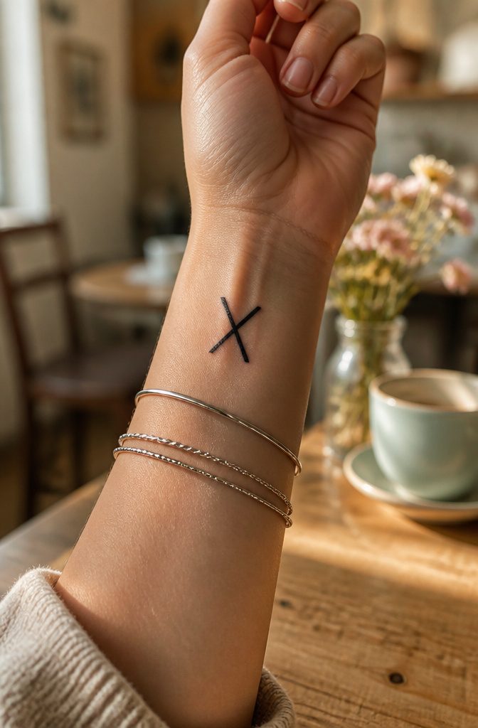 The Gebo rune tattoo displayed in a symmetrical design.