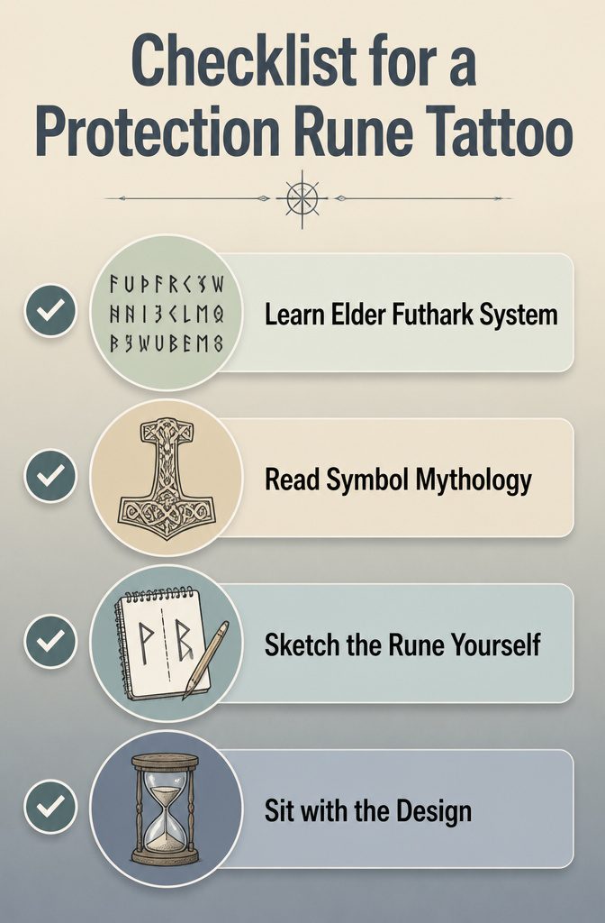 An information image titled 'Checklist for a Protection Rune Tattoo'.