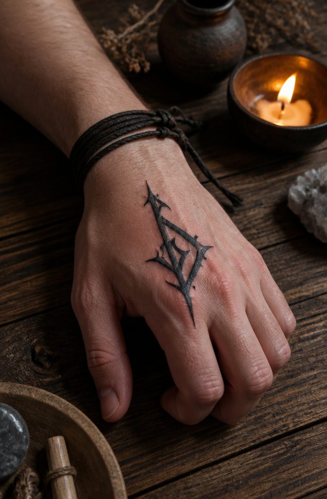 A Thurisaz rune tattoo inked in black on the back of a hand.