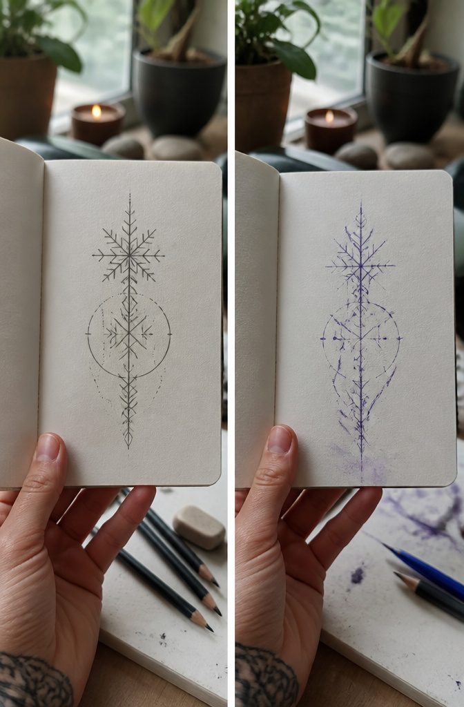 A hand drawing a rune symbol with a pen.