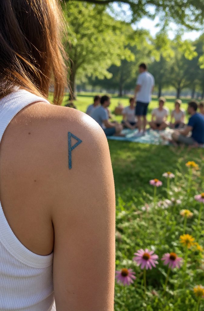 A Wunjo rune tattoo inked in blue on an upper shoulder.