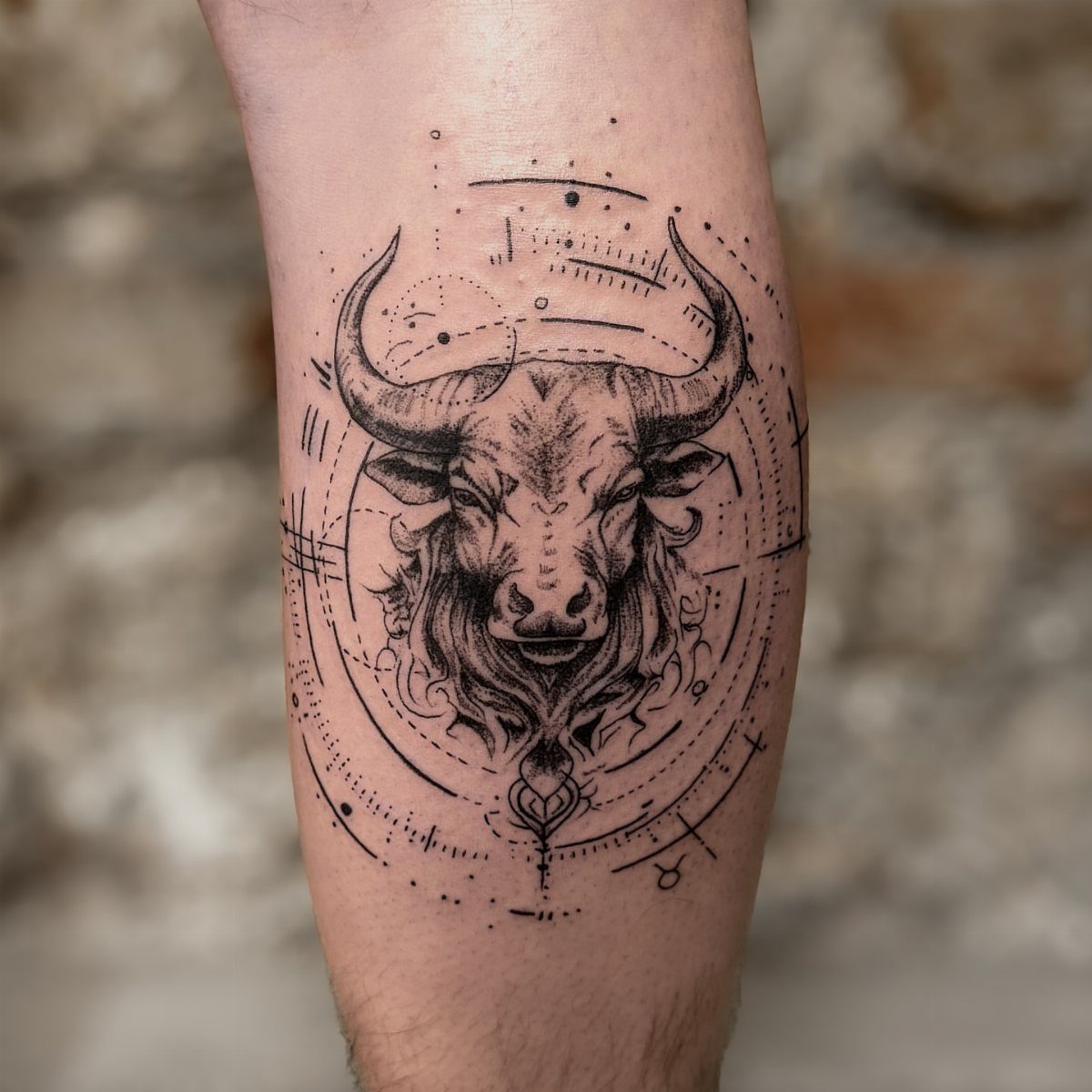 16 Realistic Bull Tattoo Ideas for Strength and Style 5 A realistic bull head tattoo with geometric lines and the Taurus zodiac symbol on an arm.