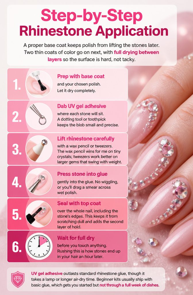 Rhinestone Nail Designs: 11 Ideas for Every Style 12 Instructions for applying rhinestones on nails in a step-by-step format.