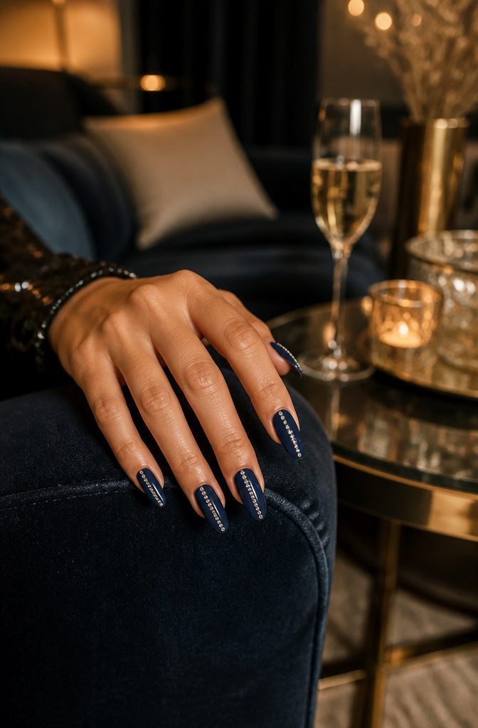 Rhinestone Nail Designs: 11 Ideas for Every Style 8 Nails with a precise center line of sequined rhinestones on deep navy polish.