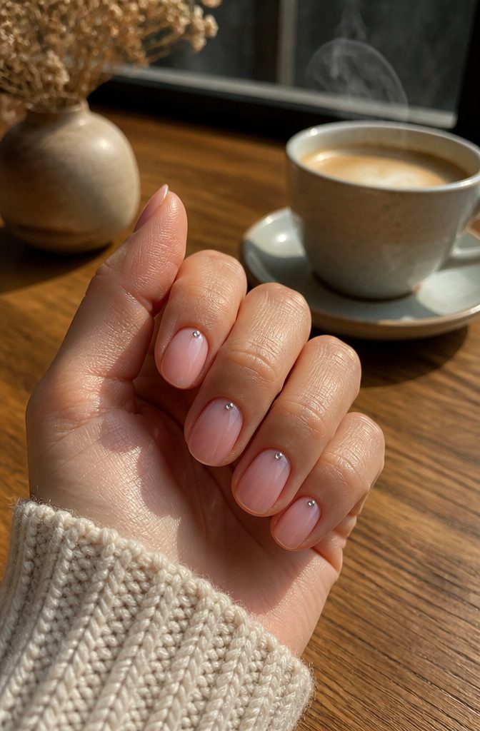 Rhinestone Nail Designs: 11 Ideas for Every Style 2 Nails with an ombre effect from nude to pink and a rhinestone at the cuticle.