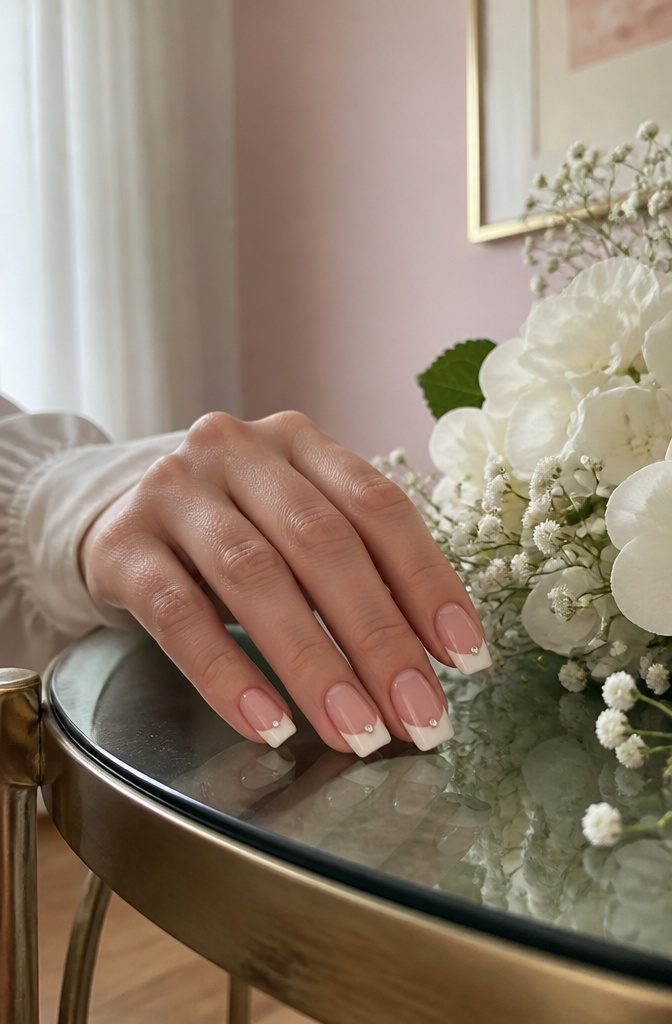 Rhinestone Nail Designs: 11 Ideas for Every Style 9 French manicure with a rhinestone accent under the tip, next to white flowers.