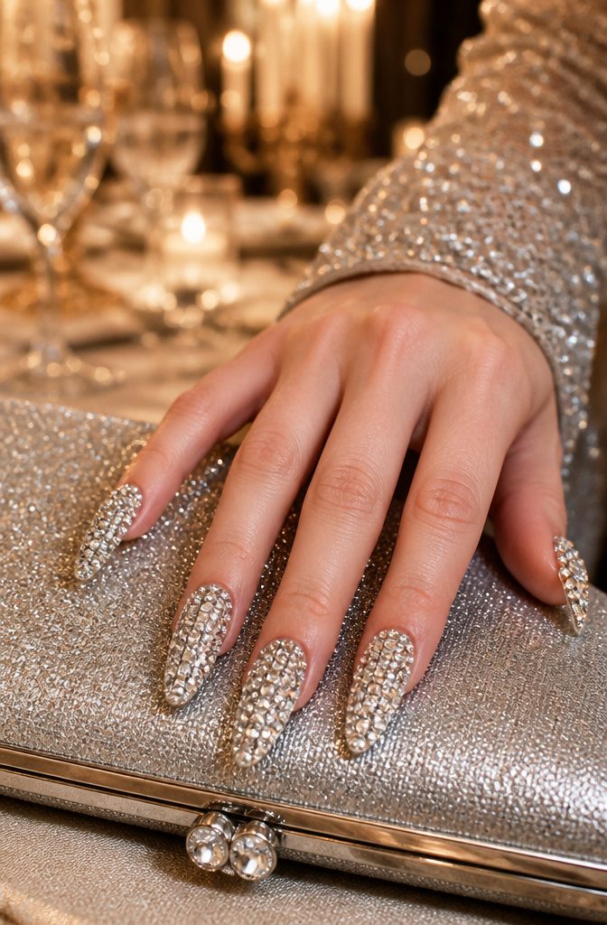 Rhinestone Nail Designs: 11 Ideas for Every Style 3 Nails completely covered in rhinestones, showcasing a glamorous design.
