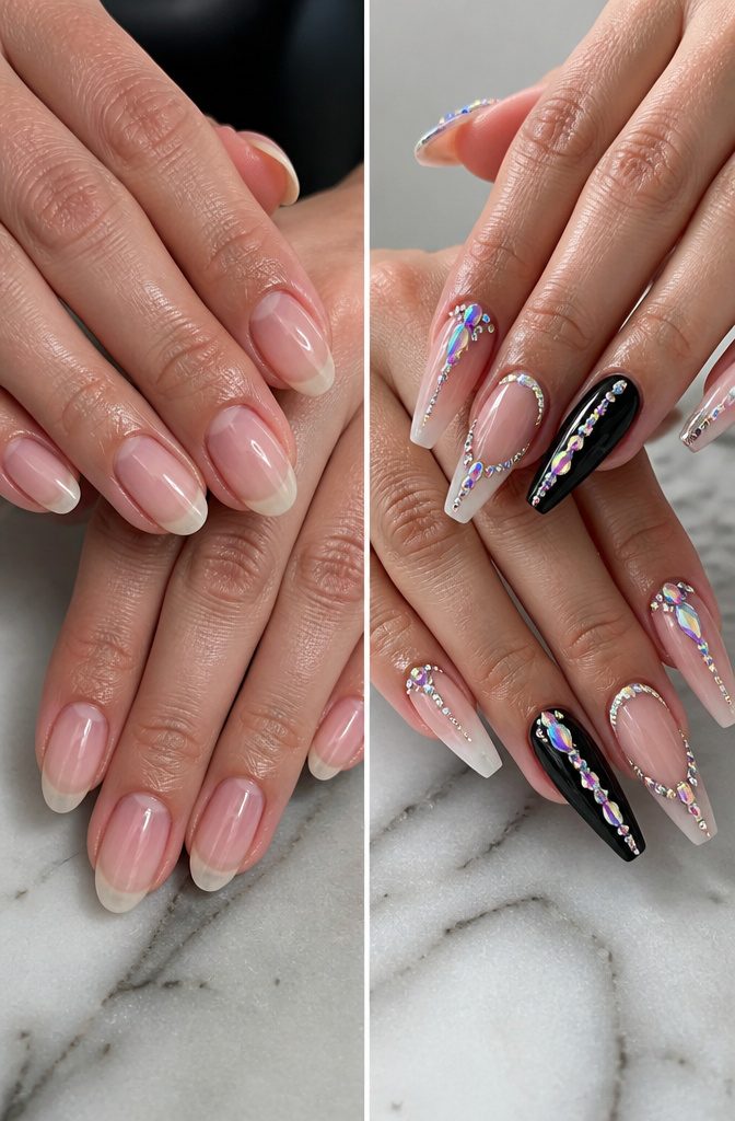 Rhinestone Nail Designs: 11 Ideas for Every Style 14 Various nail shapes showing rhinestones applied for different effects.