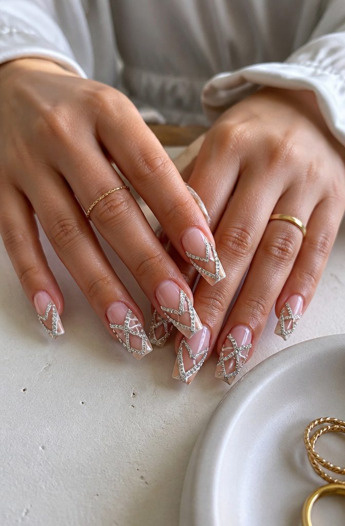 Rhinestone Nail Designs: 11 Ideas for Every Style 7 Nails featuring patterns enhanced by rhinestones, set against a neutral background.