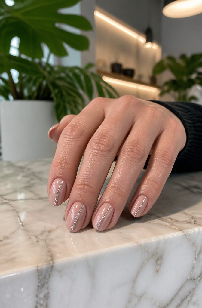 Rhinestone Nail Designs: 11 Ideas for Every Style 4 Nails painted blush with rhinestones lining one side on a marble countertop.