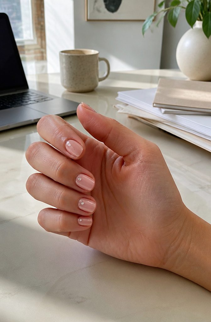Rhinestone Nail Designs: 11 Ideas for Every Style 1 Close-up of short nails with a rhinestone at the cuticle on nude polish.