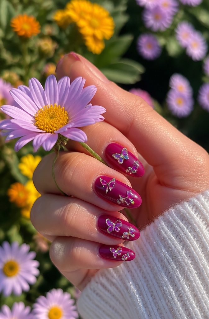 Rhinestone Nail Designs: 11 Ideas for Every Style 11 Nails painted berry with butterfly-shaped rhinestones in a sunny garden.