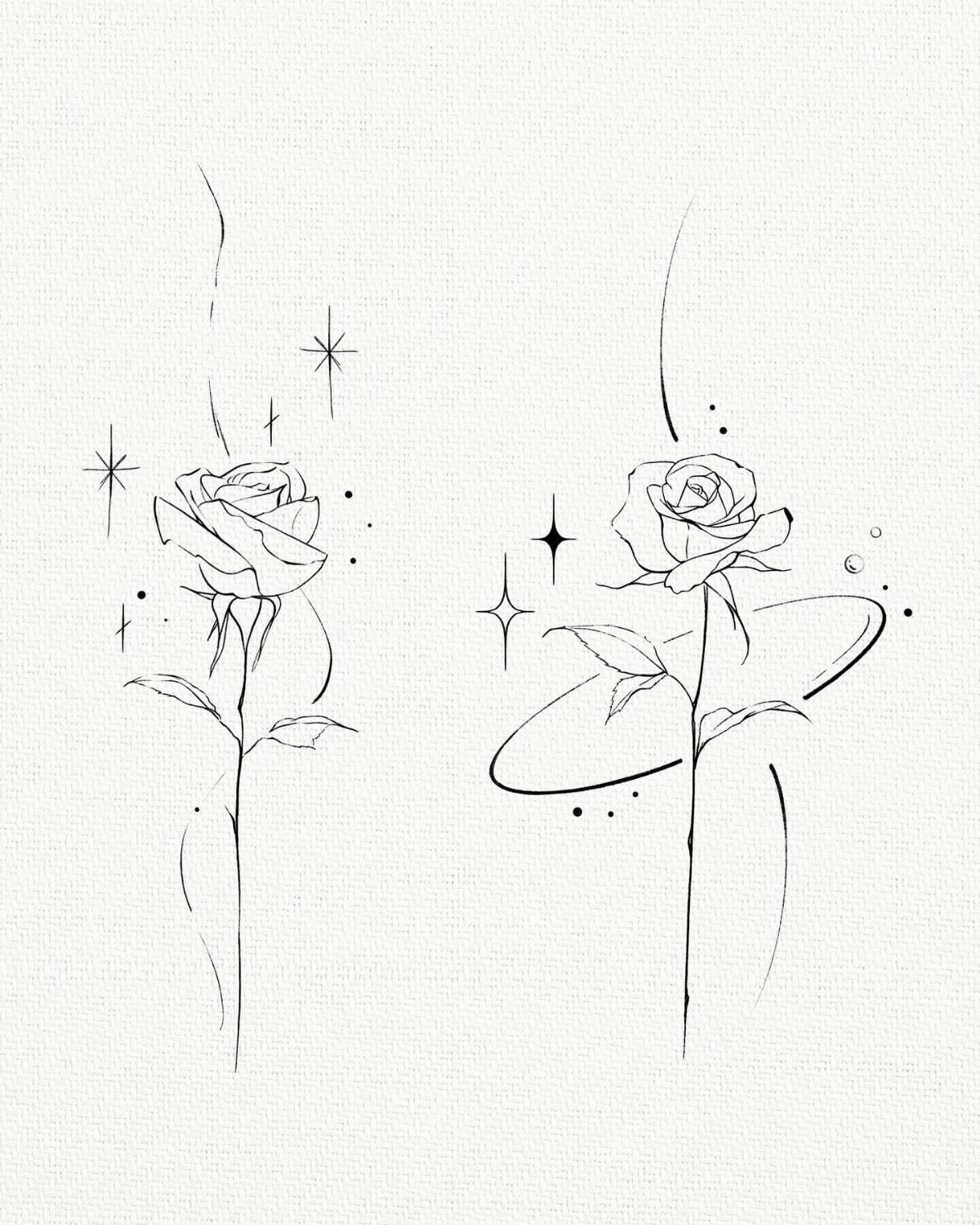 7 Rose with Pattern Tattoo Design Ideas for Ink That Stands Out 1 Two minimalist black ink line art rose drawings with delicate stems and decorative sparkles.