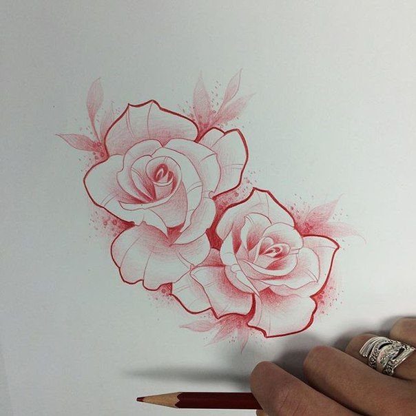 7 Rose with Pattern Tattoo Design Ideas for Ink That Stands Out 5 Two red ink sketched roses with shaded petals resting on white paper next to a pencil.