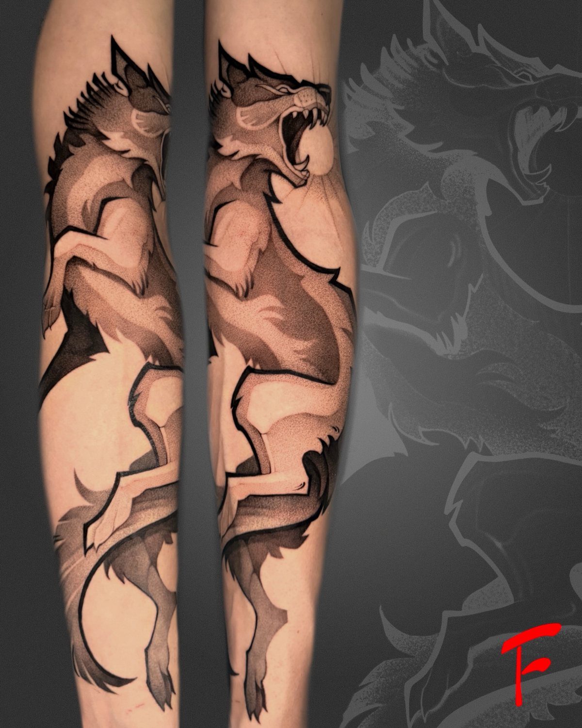 Running Wolf Tattoo: 7 Designs That Move 5 A stylized black and grey running wolf tattoo on a person's leg.