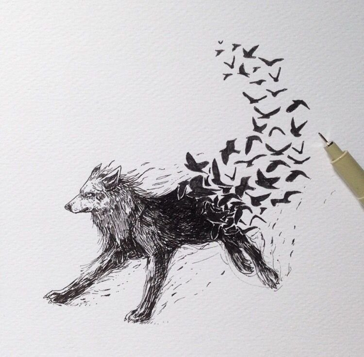 Running Wolf Tattoo: 7 Designs That Move 7 Black ink drawing of a running wolf dissolving into a flock of birds on white paper.