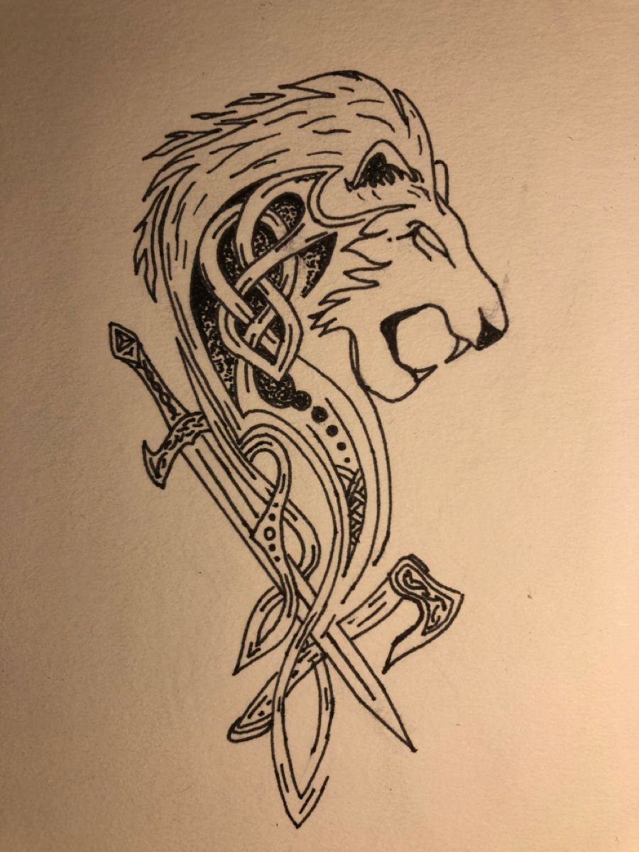 7 Scottish Lion Tattoo Ideas for Your Next Ink 3 Black ink drawing of a lion head with Celtic knotwork, a sword, and an axe.