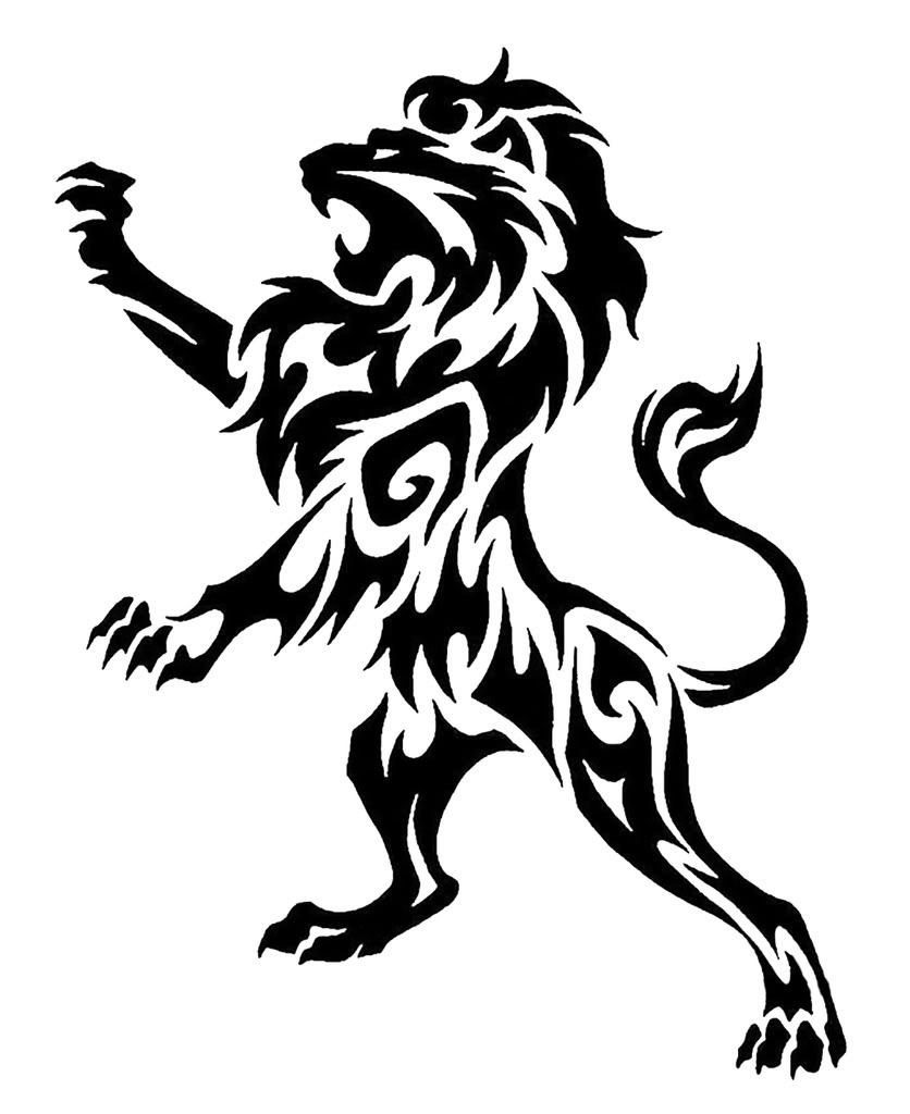 7 Scottish Lion Tattoo Ideas for Your Next Ink 5 A black tribal style illustration of a rampant lion with stylized flowing patterns.