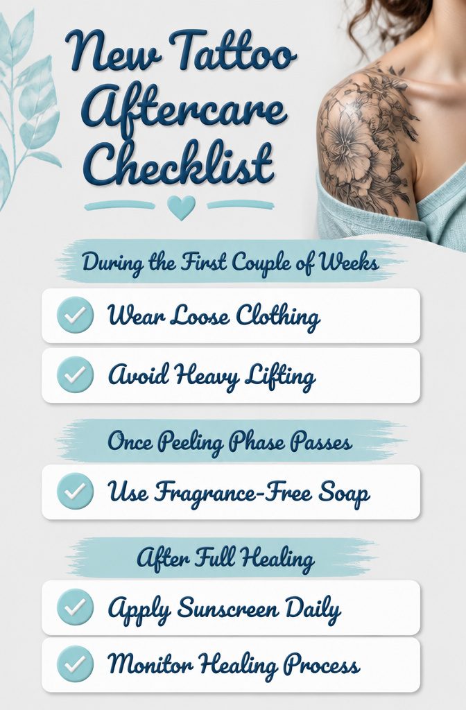 A checklist for new tattoo aftercare on a shoulder.