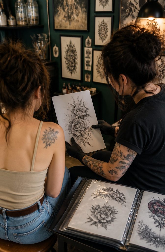 A tattoo artist discussing a cover-up tattoo with a client.